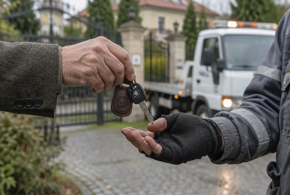 Majitel u branky vily předává řidiči odtahovky jen klíček od auta