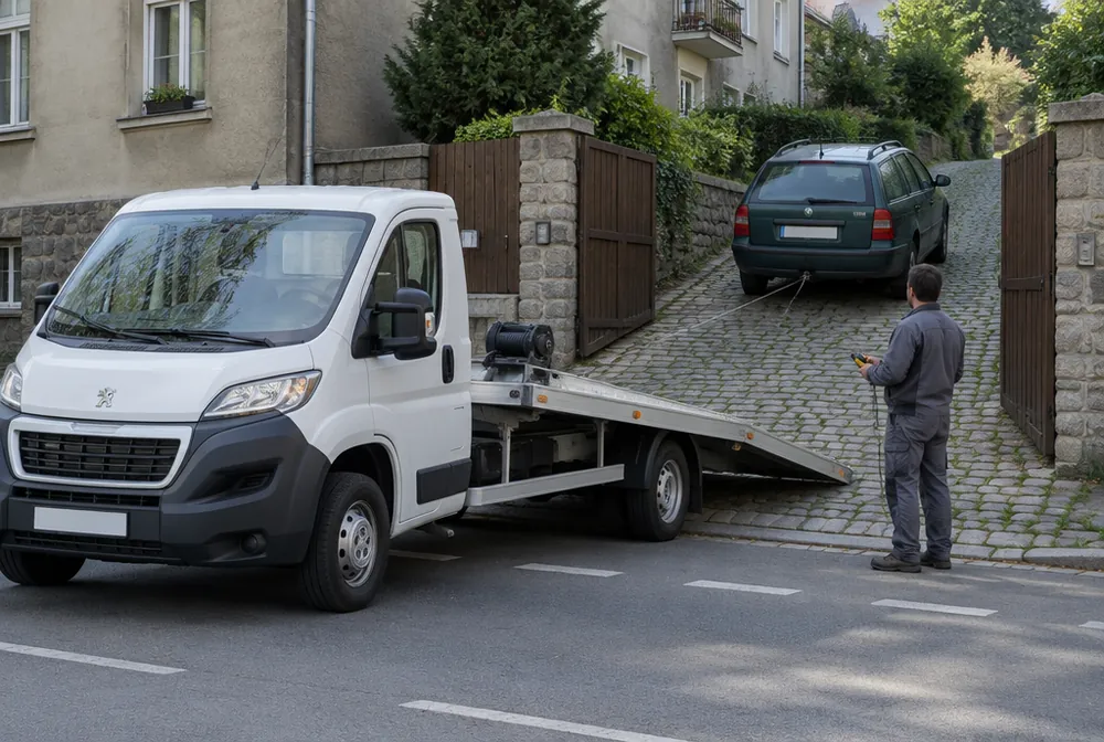 Naviják odtahovky vytahuje Škodu Octavii combi po strmé dlážděné příjezdové cestě v Břevnově