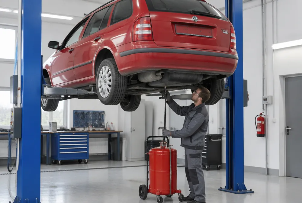 Technik odčerpává palivo ze spodu nádrže Škody Fabie combi na zvedáku do kanystru
