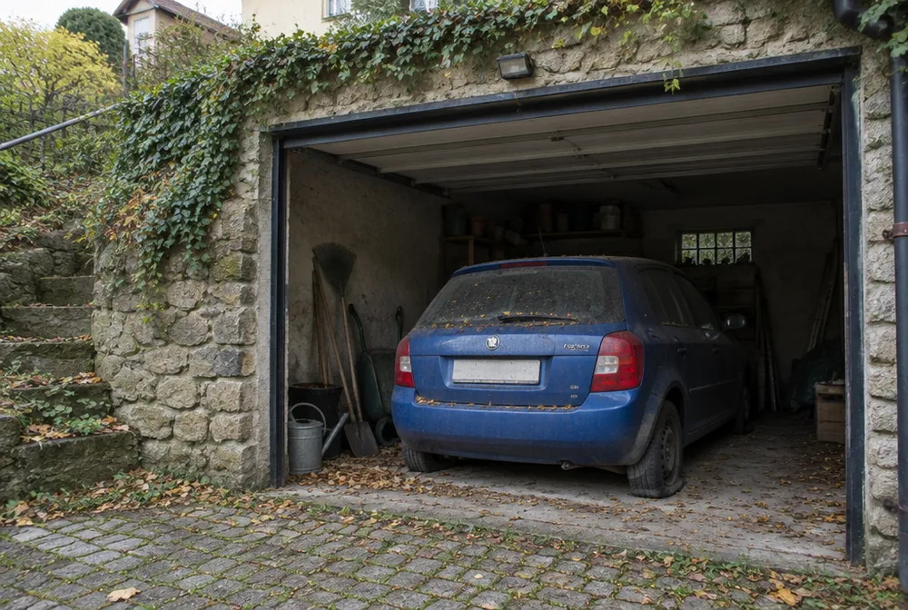 Zaprášená Škoda Fabia stojí roky v garáži zapuštěné do zahrady vily ve Střešovicích